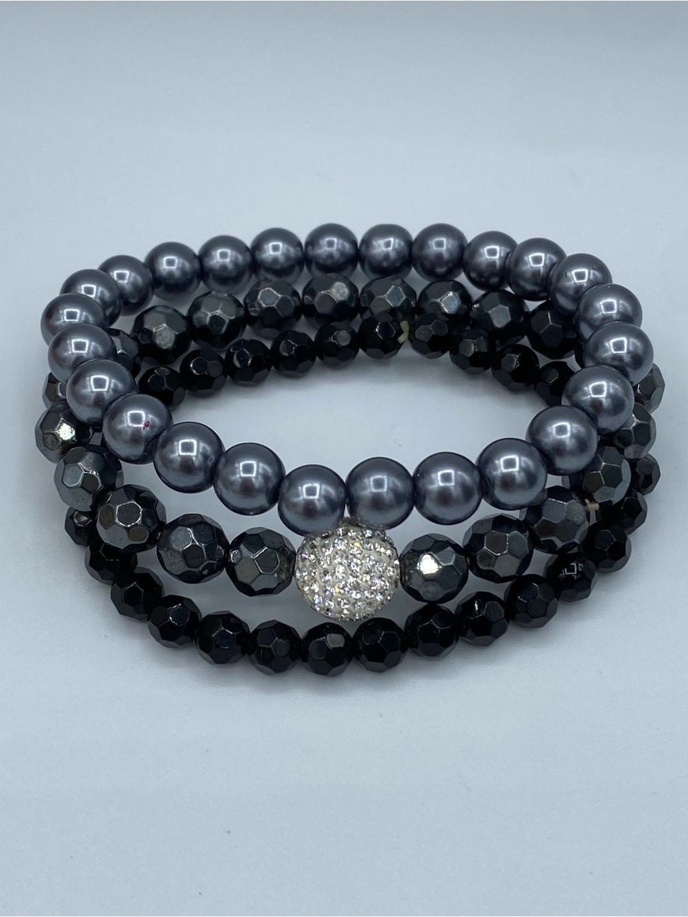 Stack of 3 Beaded Stretch Bracelets Central Rhinestone Paved Disco Ball Bead